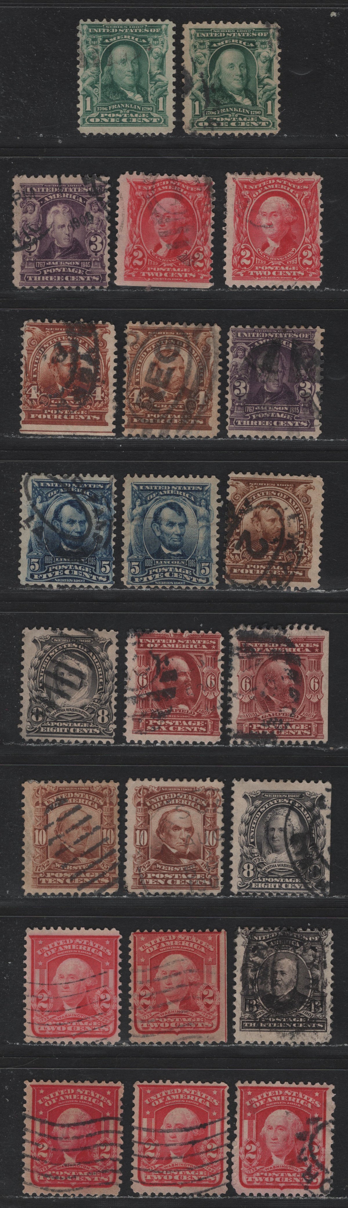 Lot 192 United States (C)SC#300-308, 319,b,j 1c - 13c Green - Purple Black , 1902-1903 2nd Bureau Issue, 23 Fine Used Singles, Upright Wmks, Variety Of Different Shades, 2c Types 1 & 2.