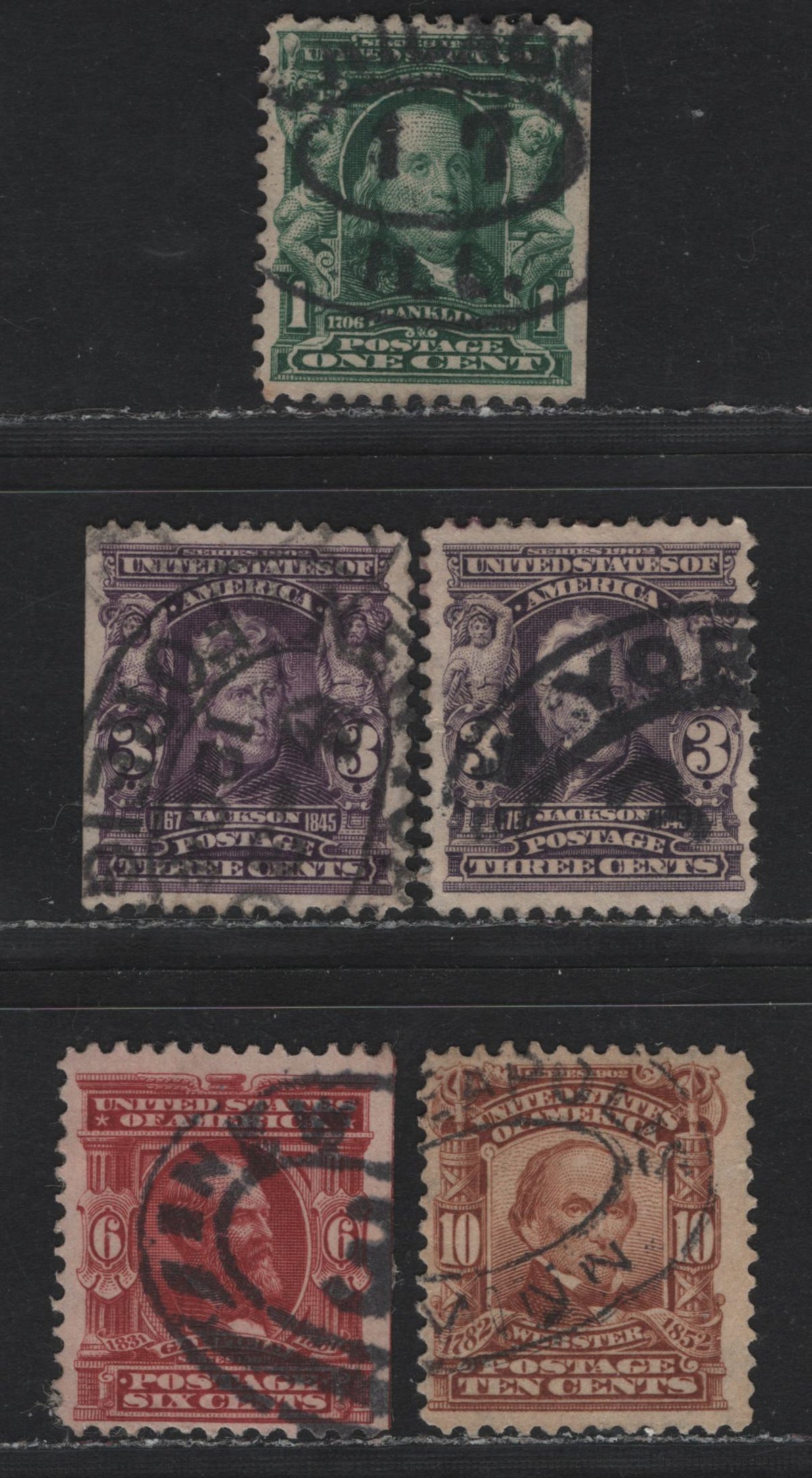 Lot 193 United States (C)SC#300, 302, 305, 307 1c - 10c Dark Blue Green - Brown , 1902-1903 2nd Bureau Issue, 5 Fine/Very Fine Used Singles, Normal Upright Wmk, New York, Minneapolis & Chicago Oval Parcel Cancels & New York Foreign Office Oval Cancels