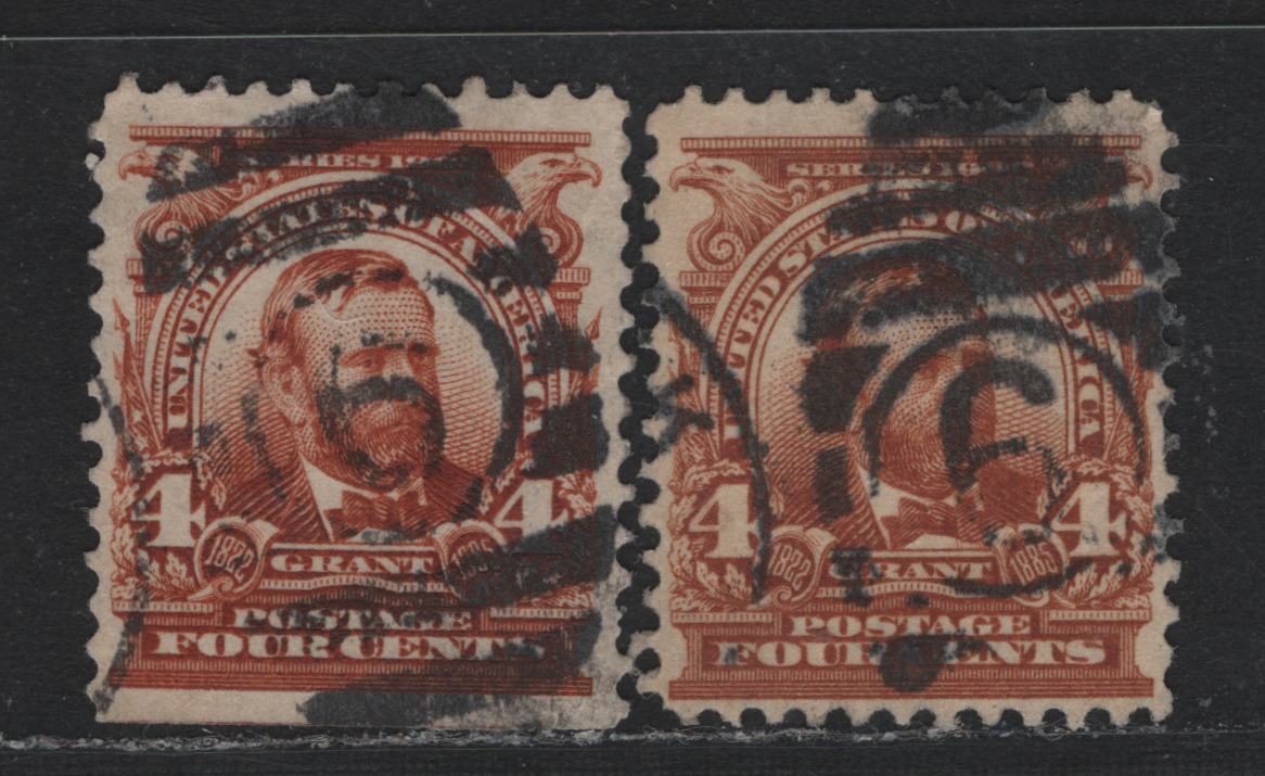 Lot 194 United States SC#303 4c Yellow Brown - Orange Brown , 1902-1903 2nd Bureau Issue, 2 Fine Used Singles, SON Barred #9 & #6 Numeral Cancels For Cincinatti OH & New Orleans