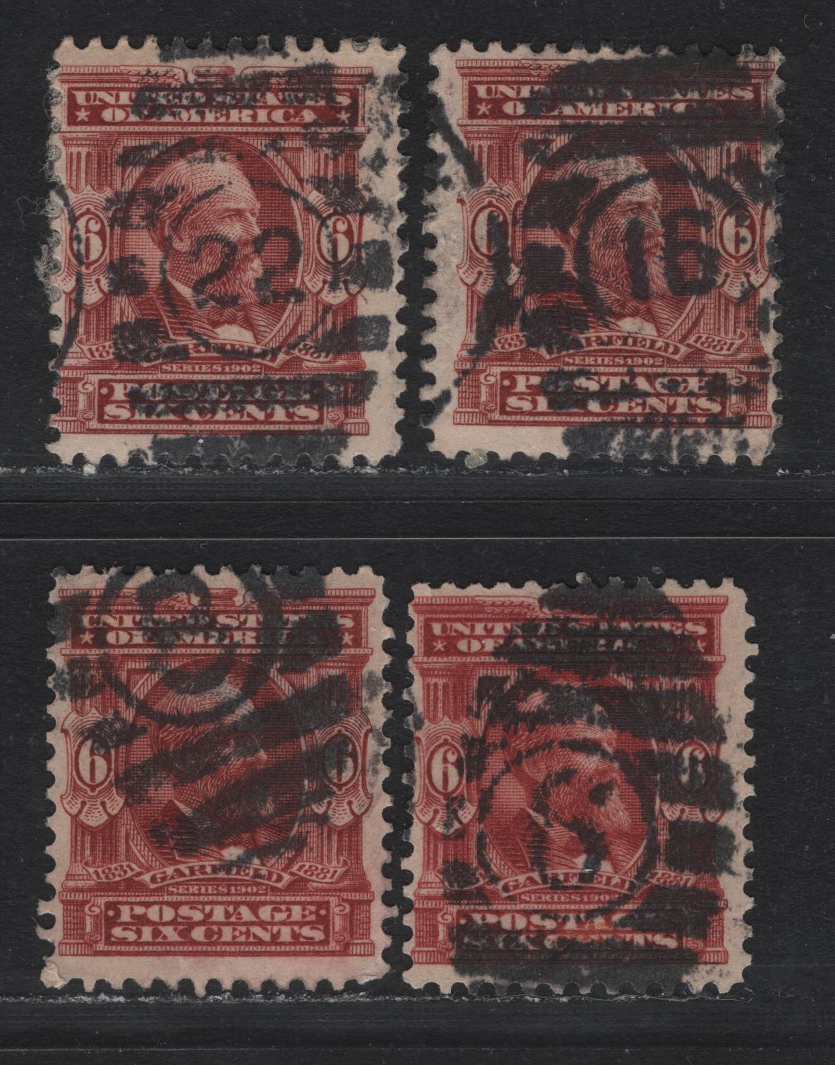 Lot 197 United States (C)SC#305 6c Claret - Brownish Lake , 1902-1903 2nd Bureau Issue, 4 Fine Used Singles, With #6 Cincinatti OH, #8 Charleston SC, #16 St Louis Mo & #22 Pittsburg PA SON Numeral Cancels