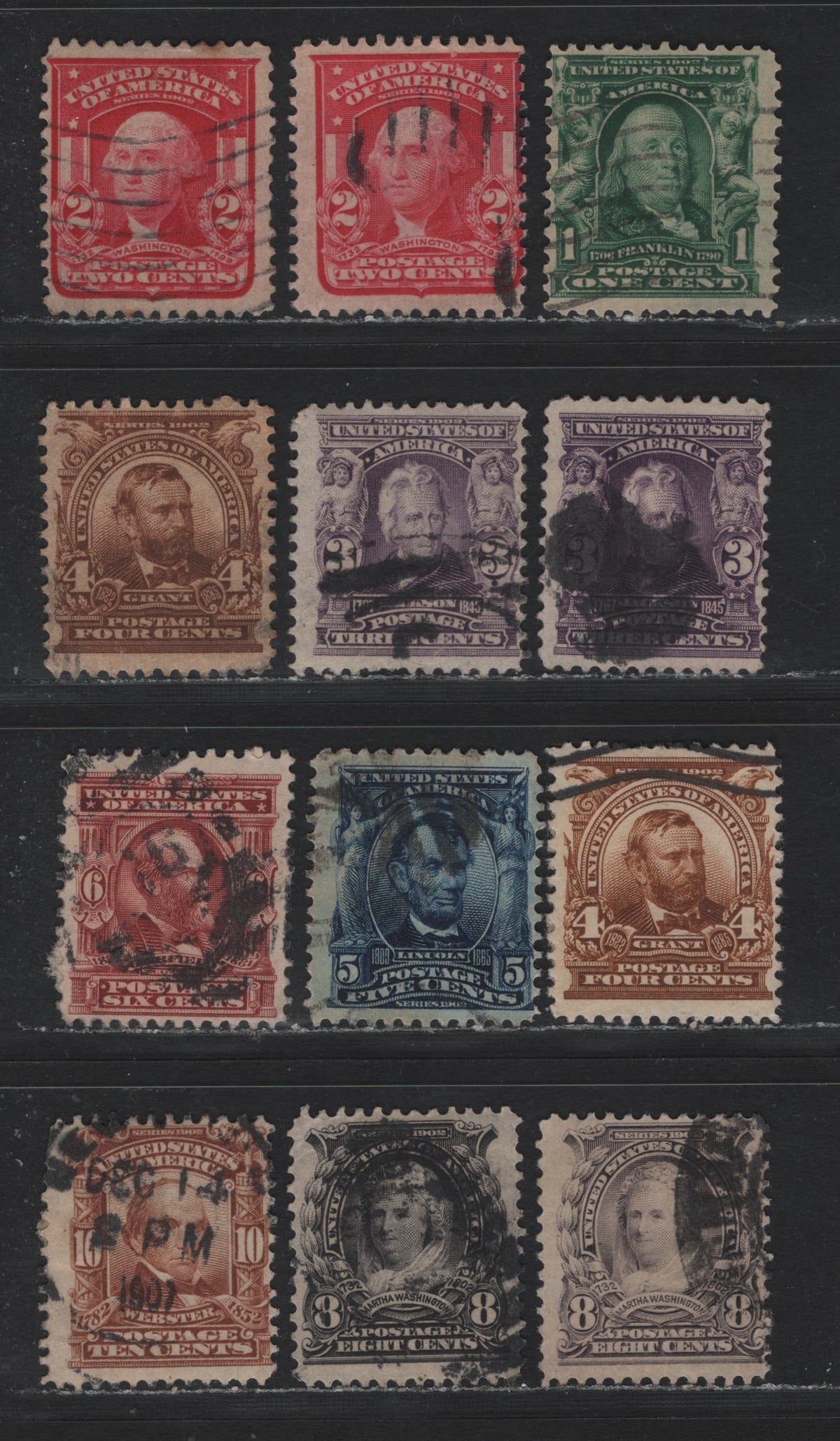 Lot 199 United States (C)SC#300, 302-307, 319b,fj 1c - 10c Dark Green - Light Red Brown , 1902-1903 2nd Bureau Issue, 12 Fine Used Singles, Inverted Wmks, Includes Shade Varieties of The 3c, 4c & 8c, 2c Is Carmine Rose Shades, Both Types 1 & 2.