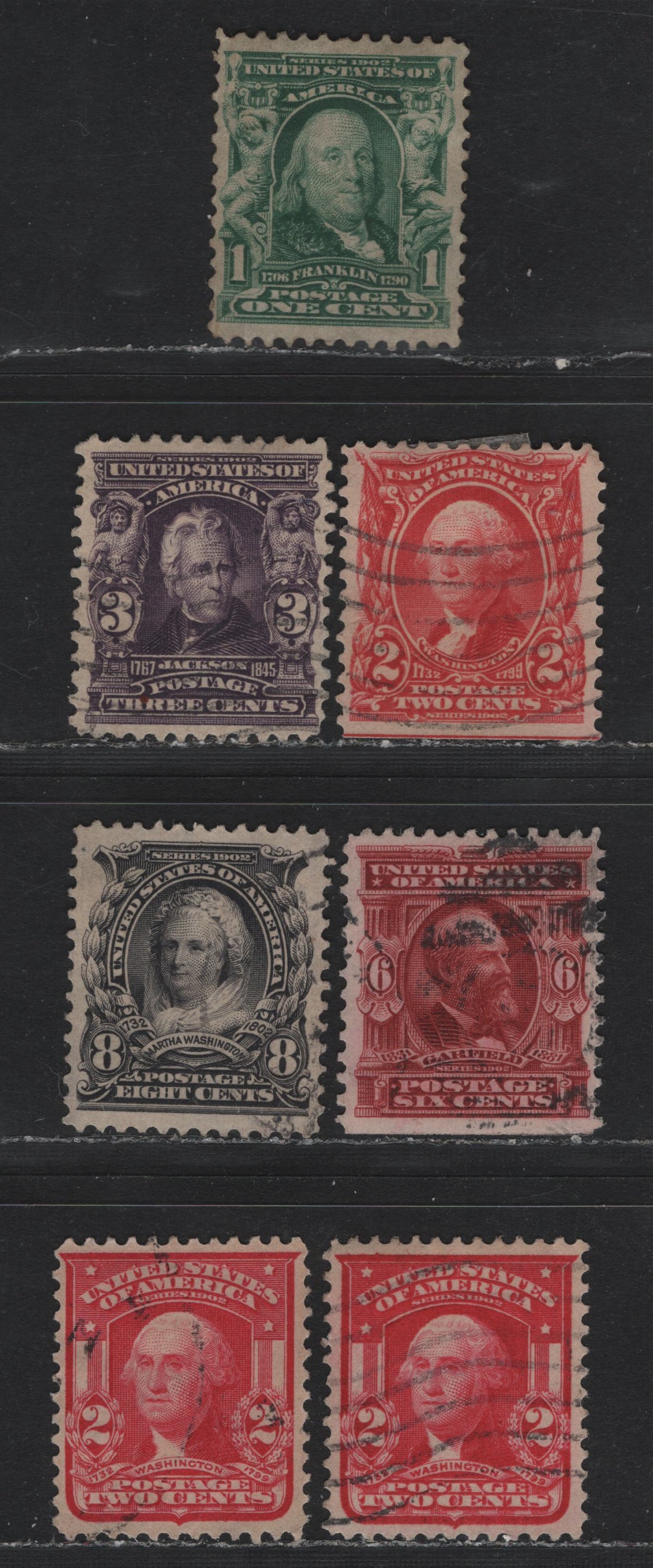 Lot 200 United States (C)SC#300-302, 305-306, 319b 1c - 8c Green - Violet Black , 1902-1903 2nd Bureau Issue, 7 Very Fine Used Singles, Type 1, Reversed Wmks