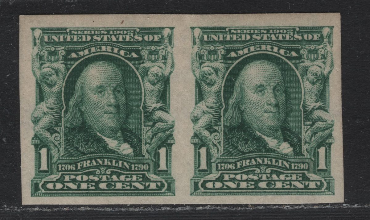 Lot 20 United States SC#314 1c Deep Green , 1902-1903 2nd Bureau Issue, A VFOG Imperf Pair, Reversed Wmk, Small Wrinkle At Top