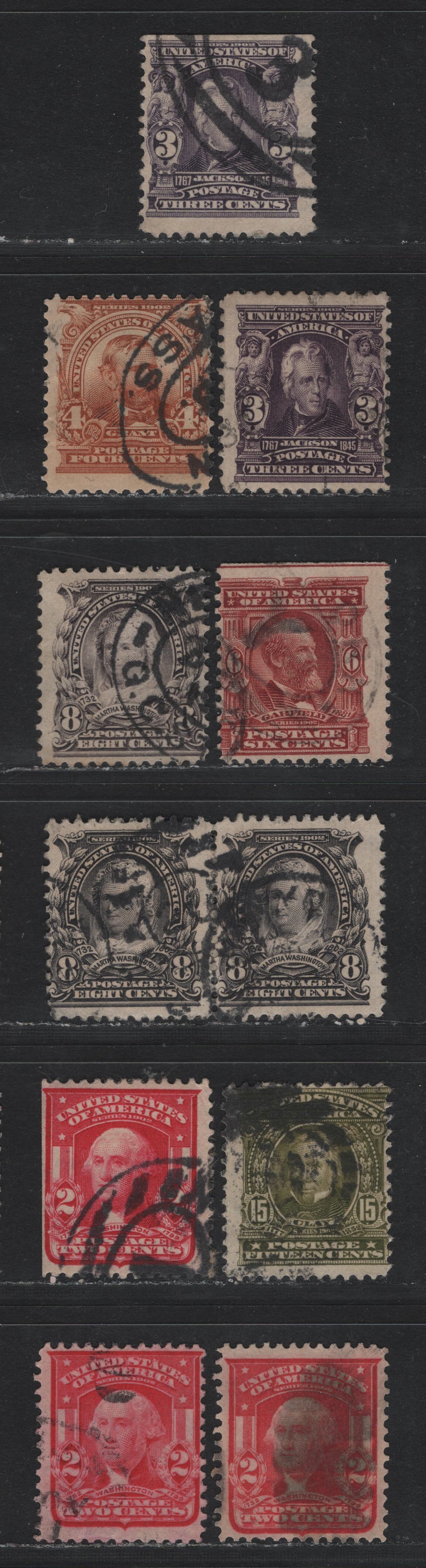 Lot 201 United States (C)SC#302-303, 305-306, 309, 319b,c,fj 3c - 15c Deep Violet - Olive Green , 1902-1903 2nd Bureau Issue, 10 Fine Used Singles & Pair, 2c Is Type 1 (Carmine Rose & Scarlet) And Type 2 (Carmine Rose), Reversed Wmks