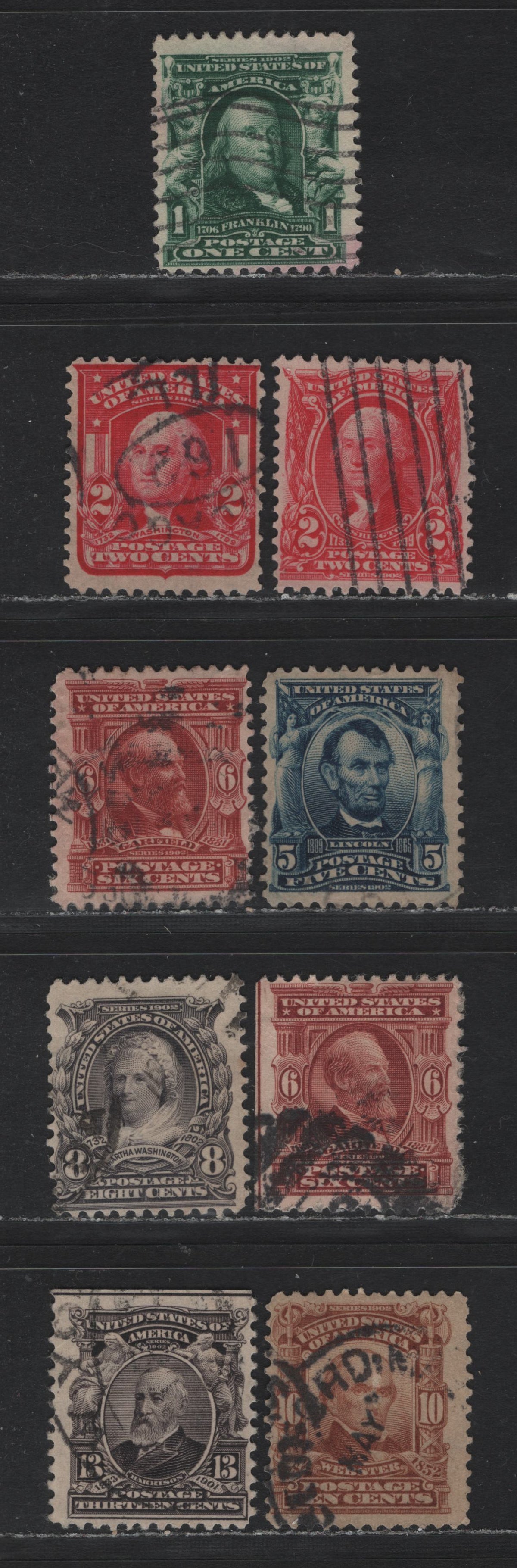 Lot 204 United States SC#300, 304-307, 319b 1c - 13c Deep Green - Purple Black , 1902-1903 2nd Bureau Issue, 9 Fine Used Singles, Inverted & Reversed Wmks