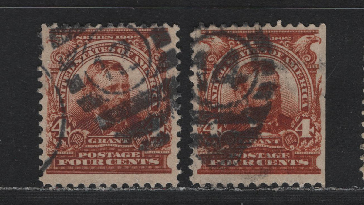 Lot 205 United States SC#303var 4c Orange Brown - Yellow Brown , 1902-1903 2nd Bureau Issue, 2 Fine Used Singles, Fine Centered Examples, SON Barred Numeral Cancels #13 & #14