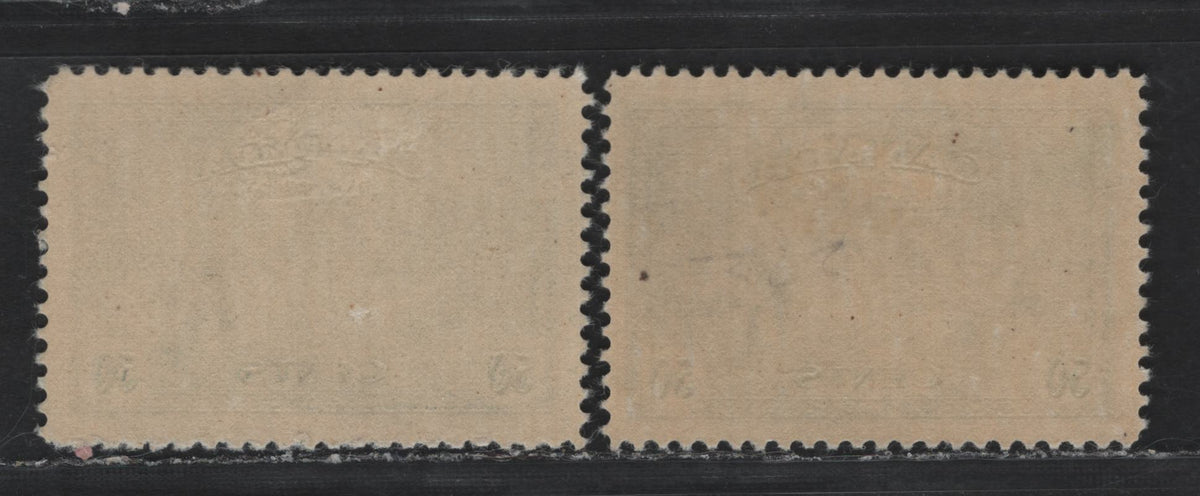 Lot 221 Canada #272 50c Dull Bluish Green - Deeper Dull Bluish Green , 1946 KGVI Peace Issue, 2 F/VFOG Singles, CBN-DDDDDDDD & CBN-SSSSSSSS Papers, Perf 11.9x11.8 & 11.9