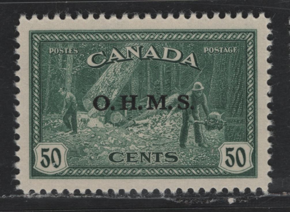 Lot 225 Canada #O9 50c Dull Bluish Green , 1946 KGVI Peace Issue, A VFOG Single, CBN-IIIIIIII Paper, Perf 11.9