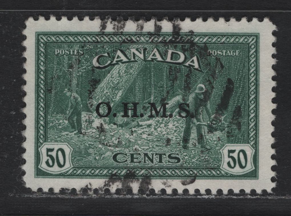 Lot 227 Canada #O9 50c Dull Bluish Green , 1946 KGVI Peace Issue, A Fine Used Single, Perf 12.1x12, Scarce, Genuine Postally Used Example Which Has letters That Match the Ink Composition & Font Of The Mint Examples