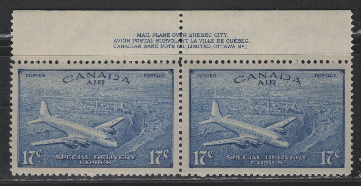 Lot 236 Canada #CE4 17c Dull Soft Ultramarine , 1946 Airmail Special Delivery Issue, A VFNH Pair, Plate 1, CBN-WWWWWWWW Paper, Perf 12x11.9.