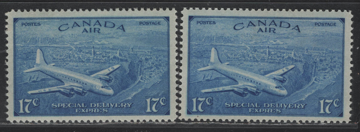 Lot 239 Canada #CE3var, CE4var 17c Bright Aniline Ultramarine , 1946 Airmail Special Delivery Issue, 2 VFNH Singles, CBN-WWWWWWWW Paper, Perf 12x11.9, Very Likely Caused By A Changeling Caused By The Softeners In A Plastic Crystal Mount.