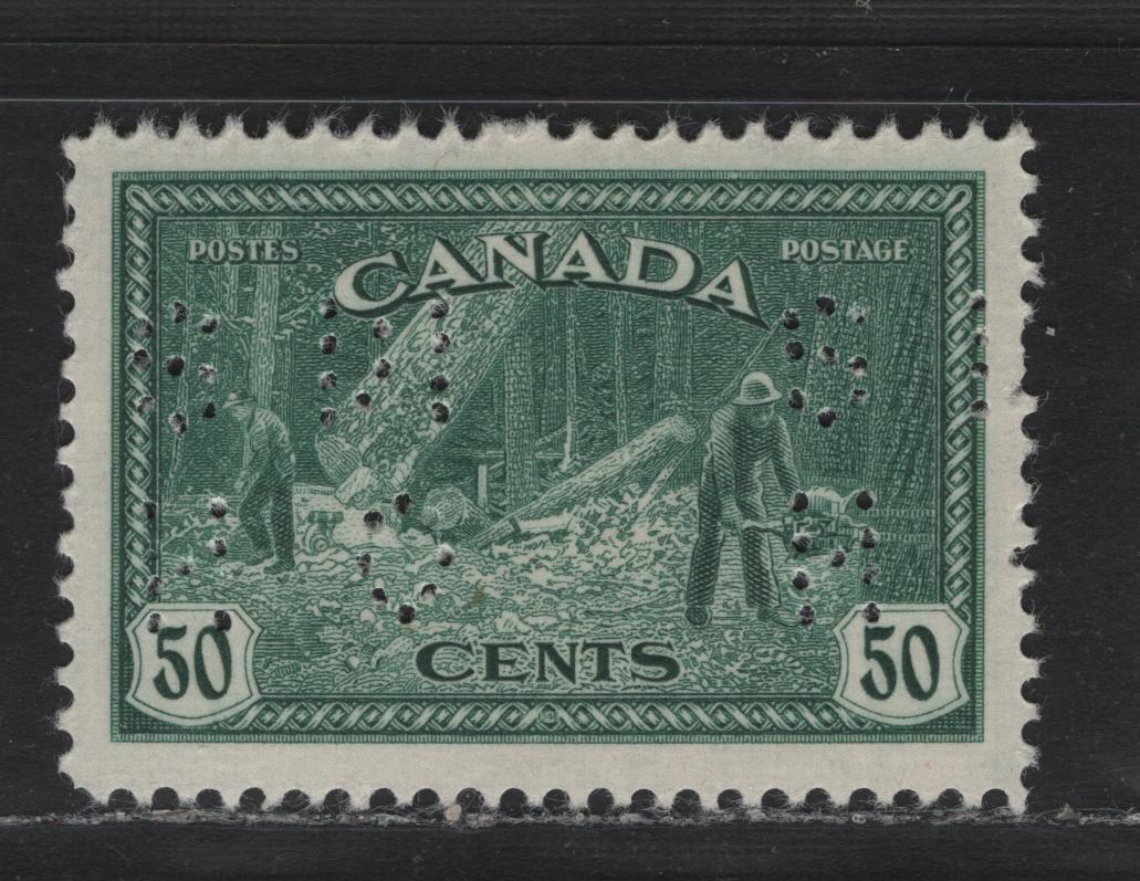 Lot 252 Canada #O10-272 50c Blue Green , 1949-1950 Overprinted Peace Issue, A VFOG Single, CBN-SSSSSSSS Paper, OHMS Perfin, Pos. 3, Perf 12x11.8.