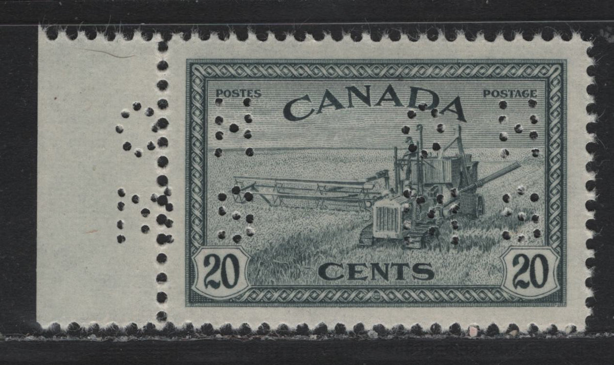 Lot 253 Canada #O10-271 20c Slate , 1949-1950 Overprinted Peace Issue, A VFOG Single, OHMS Perfin, Pos. 1, Revised Die, CBN-FFFFFFFF Paper, Perf 12x11.8.