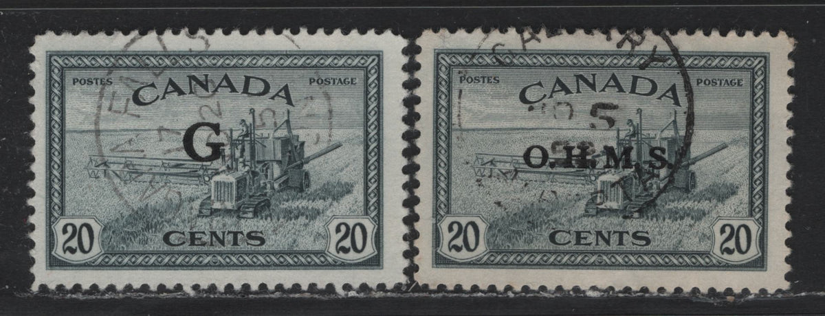 Lot 258 Canada #O8, O23 20c Slate , 1949-1951 Overprinted Peace Issues, 2 Very Fine Used Singles, OHMS & G Overprints, SON Nov 5 1952 Calgary & Nov 20 1951 Niagara Falls Cancels