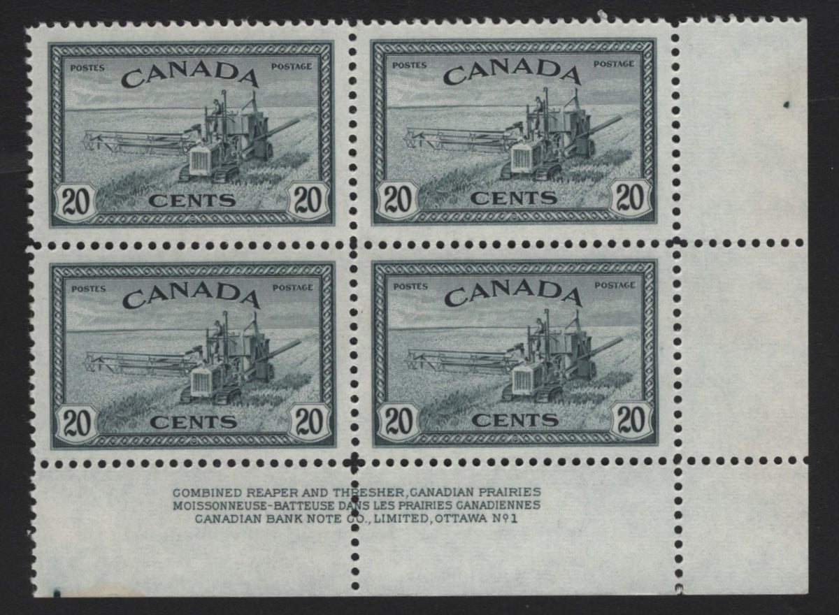 Lot 260 Canada #272 20c Greenish Slate , 1946 KGVI Peace Issue, A VFNH LR Block Of 4, CBN-YYYYYYYY paper, Perf 11.85, Plate Dots In Selvedge At Lower Left & Upper Right.
