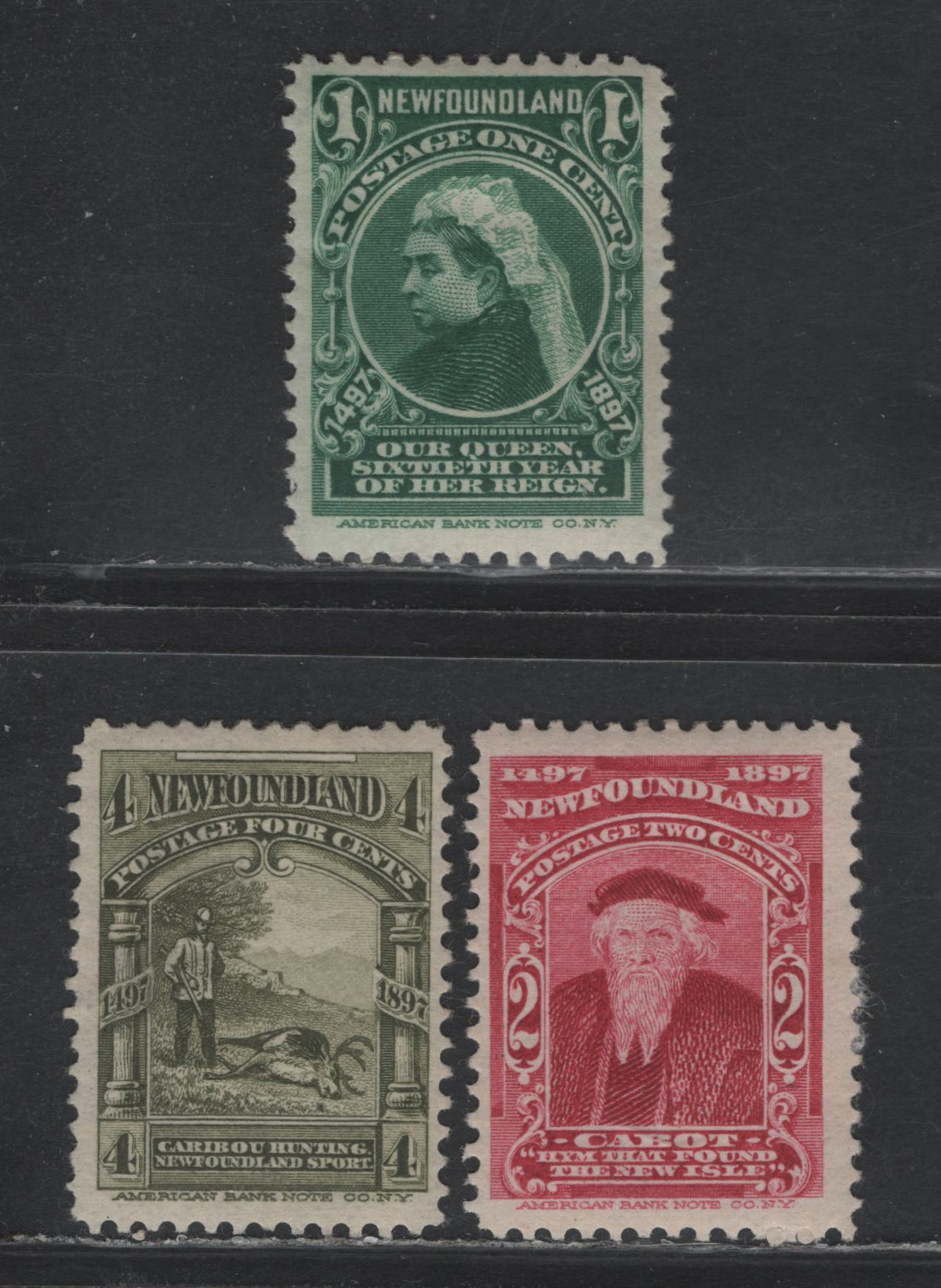 Lot 269 Newfoundland #61-62, 64 1c Green, 2c Carmine Lake, 4c Olive Green , 1897 Discovery Of Newfoundland Issue, 3 Fine OG Singles