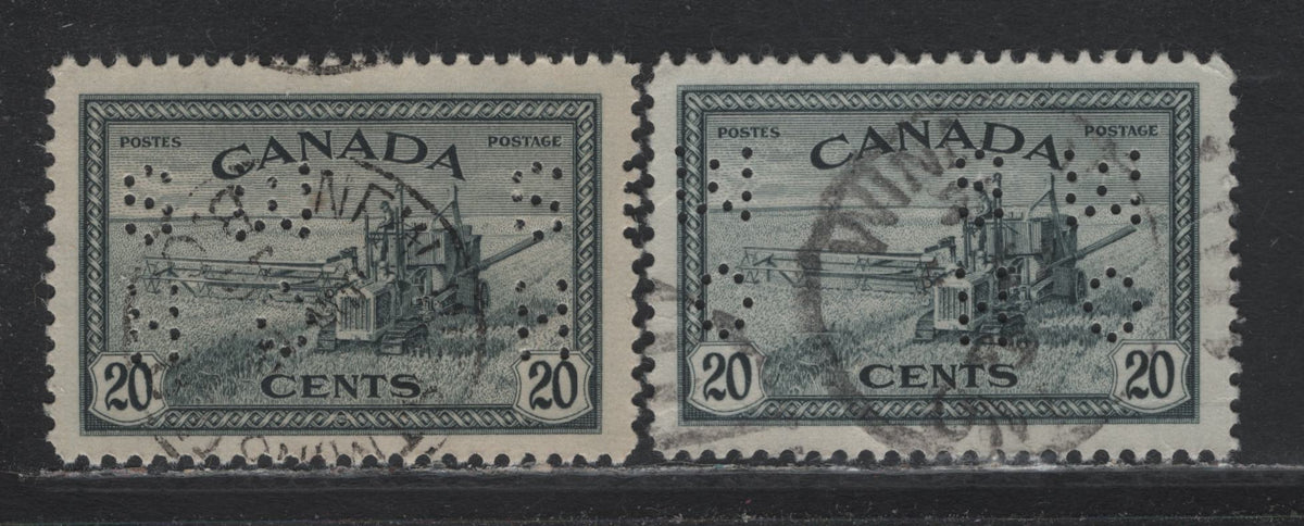 Lot 277 Canada #O9-271-O10-271 20c Greenish Slate, 1946 King George VI Peace Issue, 2 F & VF Used Singles With OHMS Perfin From Original Die & Revised Die, Pos. 3