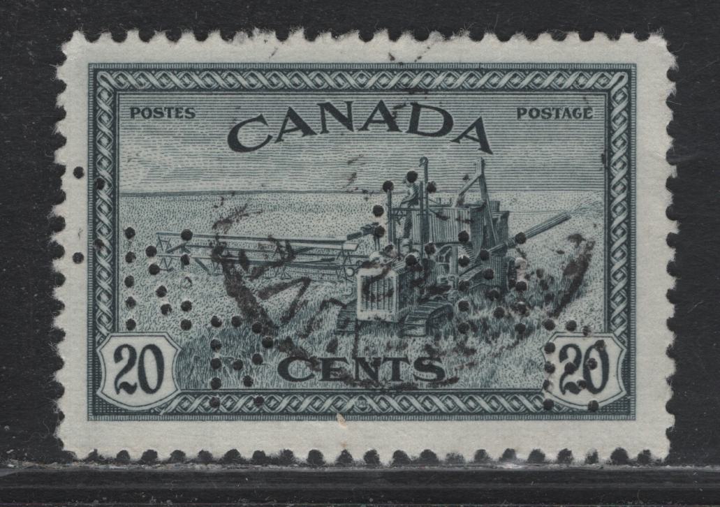 Lot 279 Canada (C ) #271var 20c Slate, 1946 King George VI Peace Issue, A Fine Used Single With CNR Perfin On Horizontal Ribbed Paper With CNR Perfin From Pos 1