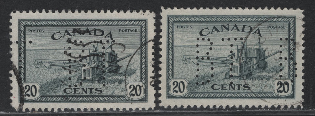 Lot 281 Canada #271var 20c Greenish Slate And Slate, 1946 King George VI Peace Issue, 2 Very Fine Used Singles With Upright Bell Telephone Perfin On Horizontal Ribbed Paper