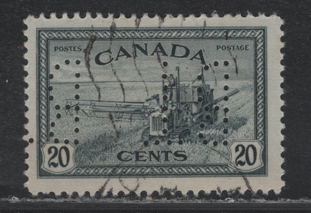 Lot 282 Canada #271var 20c Greenish Slate, 1946 King George VI Peace Issue, A Very Fine Used Single With Inverted Bell Telephone Perfin On Horizontal Ribbed Paper
