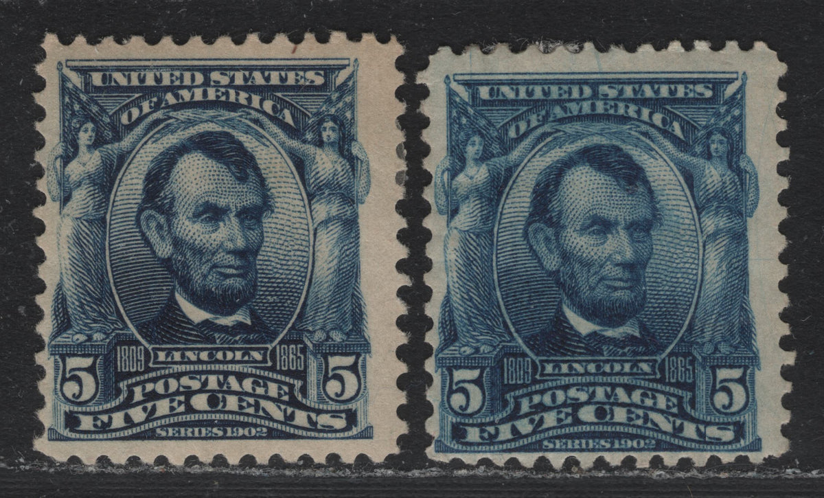 Lot 37 United States SC#304 5c Dark Blue - Deep Bright Blue , 1902-1903 2nd Bureau Issue, 2 FOG Singles, Normal Wmk
