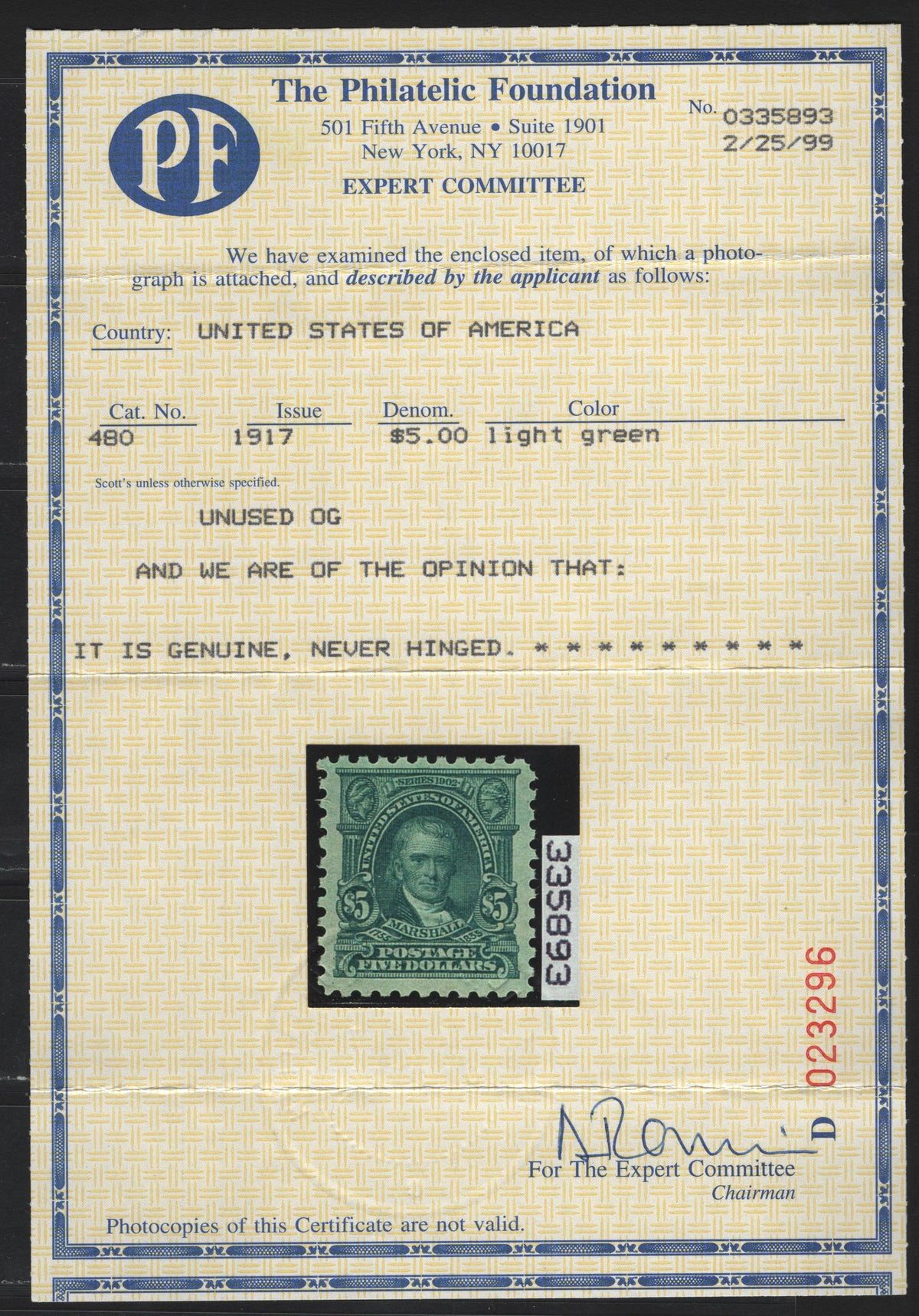 Lot 53 United States SC#480 $5 Light Blue Green , 1917 Reissue Second Bureau Issue, A VFNH Single, Perf 10, Unwatermarked, With Certificate (1999PF).