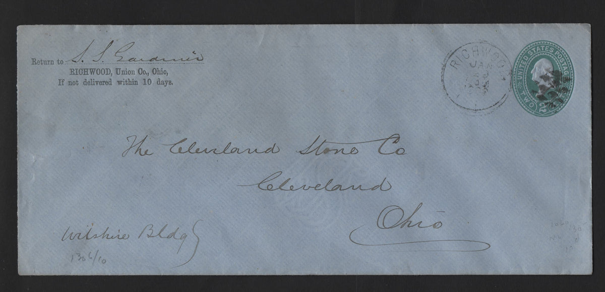 Lot 61 United States SC#U312 2c Green, 1887-1894 2nd Plimpton Issue, A Very Fine Used Envelope, Die 2 (U71), Blue, Extra Legal Size Envelope (USPS Size 8 - 9 and 7/16 x 4 inches), Used Within Ohio With Train Late Auxilliary Marking.
