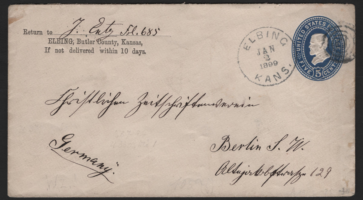 Lot 70 United States SC#U330 5c Blue, 1887-1894 2nd Plimpton Issue, A Very Fine Used Note Sized Envelope, White Paper, Sent To Berlin, Germany, Wmk 8, Knife 32, Size 3.