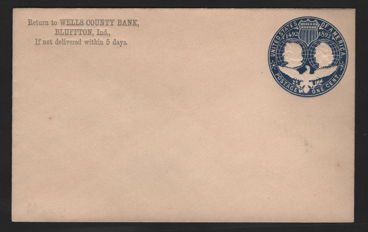 Lot 73 United States SC#U348 1c Dark Blue, 1893 Columbian Exposition Issue, A Very Fine Mint Envelope, Die 1, Full Letter Size (Size 2 - 5 and 3/16 inches by 3 and 9/16 inches), Cream Paper, Bank Corner Card.
