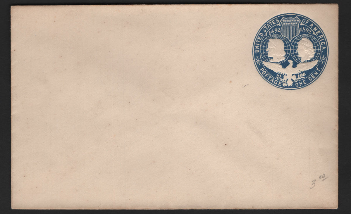 Lot 74 United States SC#U348var 1c Blue, 1893 Columbian Exposition Issue, A Very Fine Mint Envelope, Die 2 (No Meridian Behind Columbus' Head, And Periods After Cent & America), Full Letter Size (Size 2), Cream Envelope.