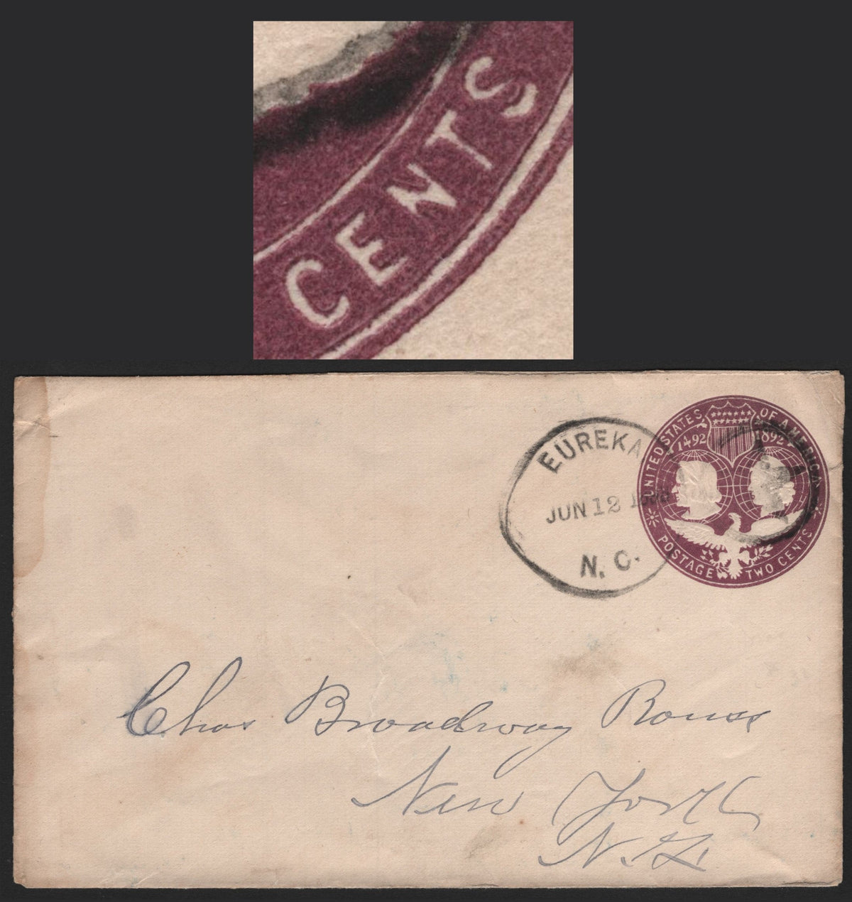 Lot 79 United States SC#U349var 2c Purple, 1893 Columbian Exposition Issue, A Very Fine Used Envelope, Die 3, Full Letter Size Envelope (Size 2), Sent From Eureka, NC On June 12 1893 To New York City, Indicta Showing Broken S In Cents.