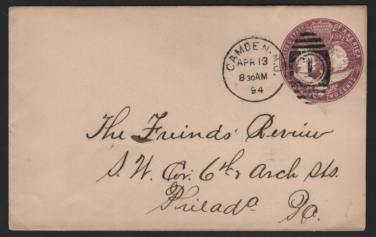 Lot 80 United States SC#U349var 2c Purple, 1893 Columbian Exposition Issue, A Very Fine Used Envelope, Die 3, Full Letter Size Envelope (Size 2), Used From Camden NJ To Philadelphia, PA, April 13 1894 Camden NJ Duplex & Same Day Arrival Backstamp.