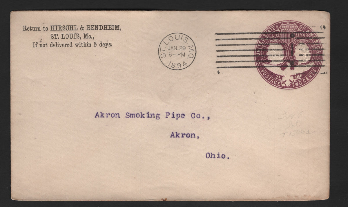 Lot 82 United States SC#U349 2c Purple, 1893 Columbian Exposition Issue, A Very Fine Used Envelope, Die 1, Commercial Size 3, With Hischl & Bendheim Corner Card, Sent To Akron Smoking Pipe Co On June 29 1894, St Louis Mo Machine Cancel.