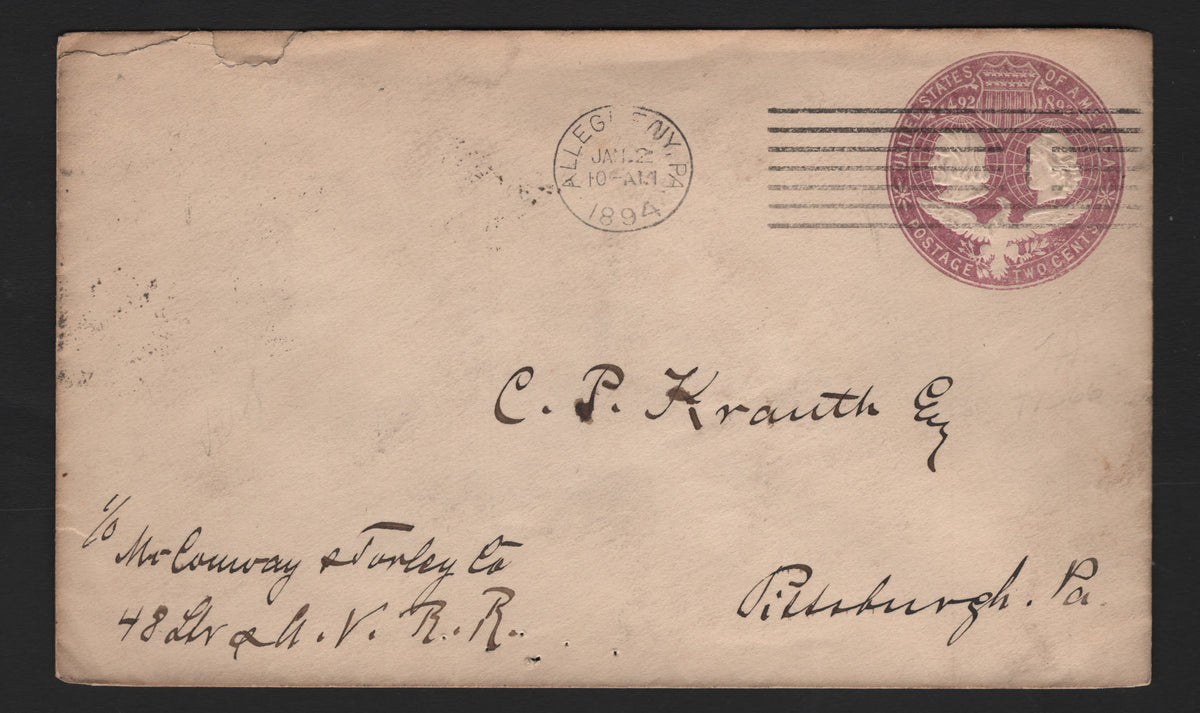 Lot 83 United States SC#U348 2c Purple, 1893 Columbian Exposition Issue, A Very Fine Used Envelope, Die 1, Commercial Size 3, Large Emmanuel Doeblin Poster Stamp Seal.