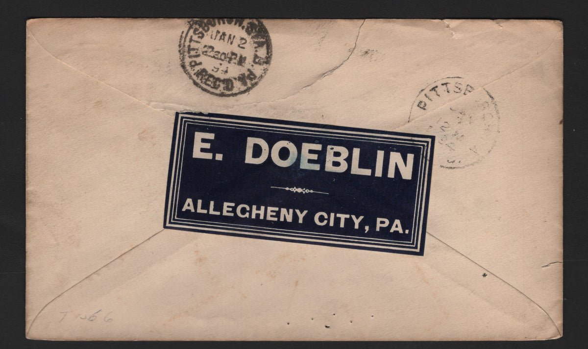 Lot 83 United States SC#U348 2c Purple, 1893 Columbian Exposition Issue, A Very Fine Used Envelope, Die 1, Commercial Size 3, Large Emmanuel Doeblin Poster Stamp Seal.