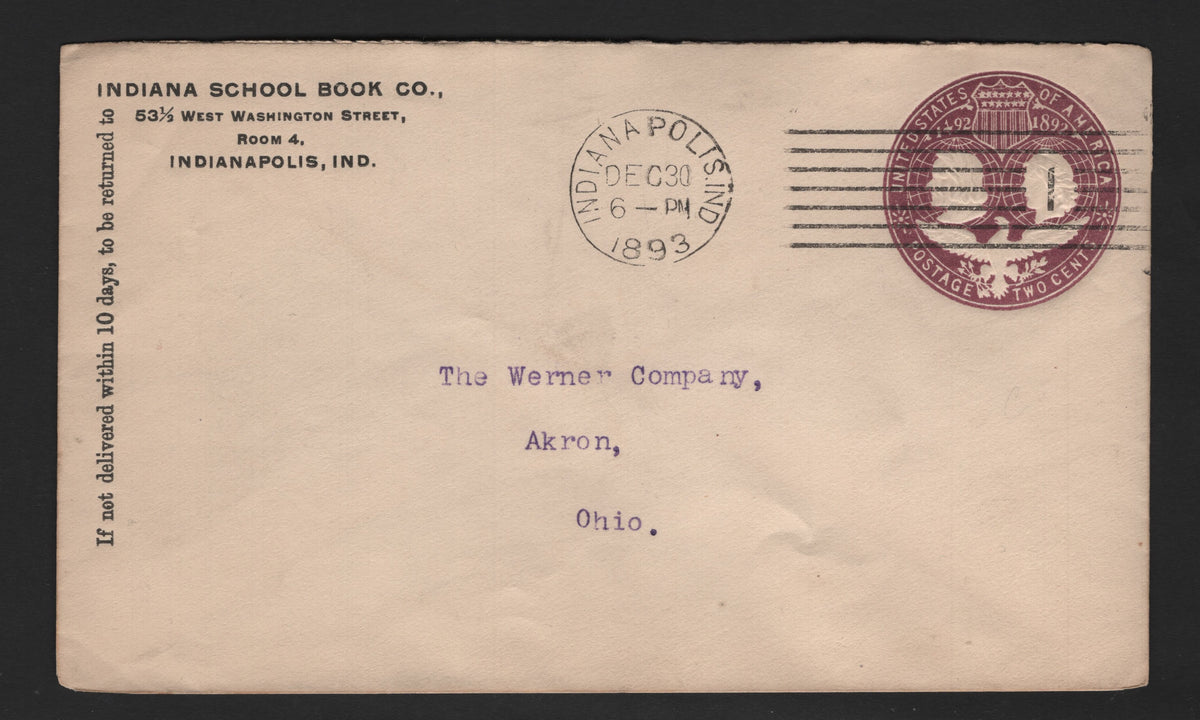 Lot 84 United States SC#U349 2c Purple, 1893 Columbian Exposition Issue, A Very Fine Used Envelope, Die 3, Size 3 Envelopes, Indiana School Book Co, Cross Corner Card Sent To Akron OH On December 30 1893, January 1 1894 Akron Receiving Backstamp.