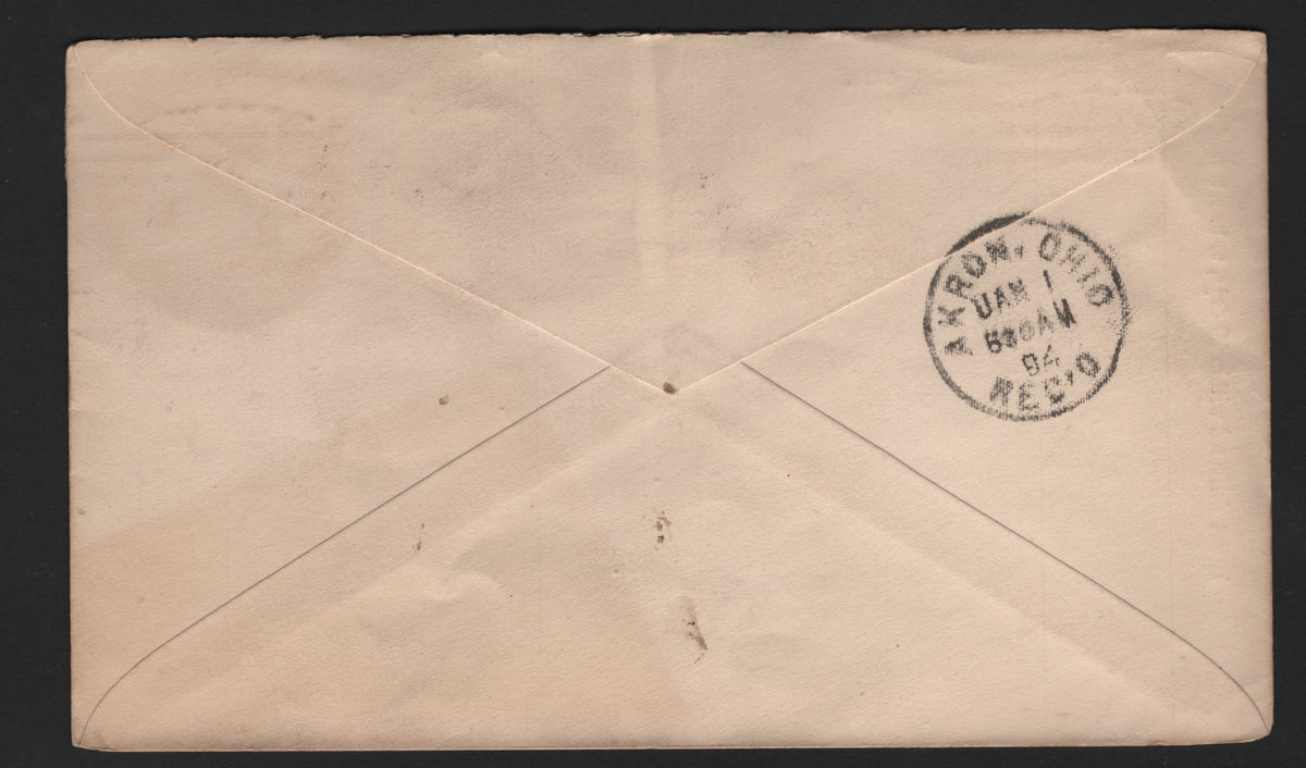 Lot 84 United States SC#U349 2c Purple, 1893 Columbian Exposition Issue, A Very Fine Used Envelope, Die 3, Size 3 Envelopes, Indiana School Book Co, Cross Corner Card Sent To Akron OH On December 30 1893, January 1 1894 Akron Receiving Backstamp.