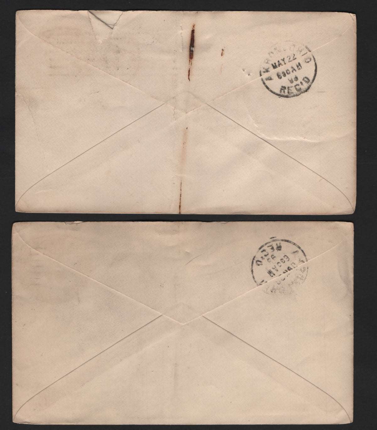 Lot 85 United States SC#U349 2c Purple, 1893 Columbian Exposition Issue, 2 Fine/Very Fine Used Envelopes, Die 3, Size 3 Envelopes, Commercial Inter-Bank Envelopes Sent Early During Chicago World's Fair.