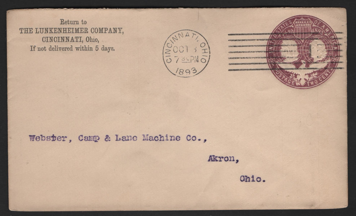 Lot 86 United States SC#U349 2c Purple, 1893 Columbian Exposition Issue, A Very Fine Used Envelope, Die 3, Size 3, Commercial Envelope Sent During Final Month Of Chicago's Worlds Fair To Akron OH, Arriving In A Day.