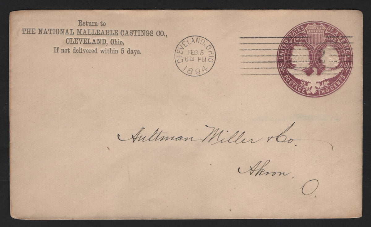 Lot 87 United States SC#U349 2c Purple, 1893 Columbian Exposition Issue, A Very Fine Used Envelope, Die 3, Size 3, National Malleable Castings CO of Cleveland Oh, Sent January 5 1894 To Akron OH Jan 5 Same Day Akron Arrival Backstamp.