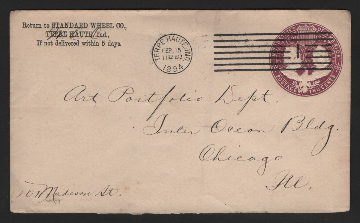 Lot 88 United States SC#U349 2c Purple, 1893 Columbian Exposition Issue, A Very Fine Used Envelope, Die 3, Size 3, Standard Wheel Co In Terre Haute IN on February 15 1894 To Chicago Ill, Arriving Same Day.