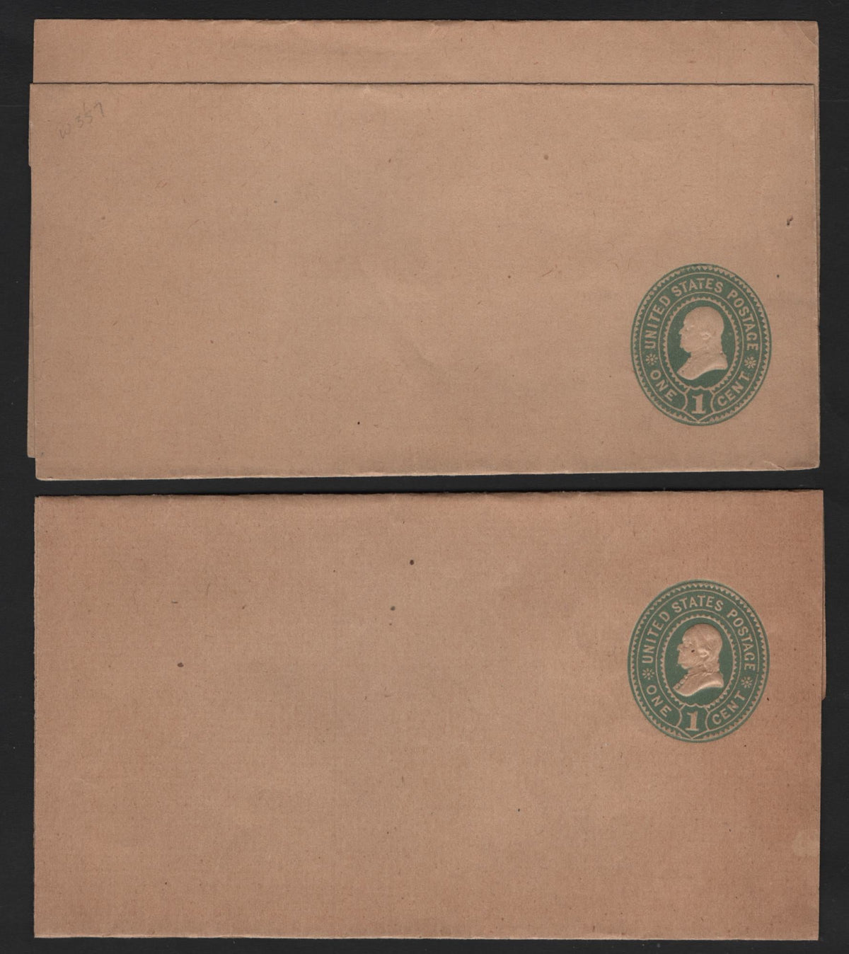 Lot 92 United States SC#W357,var 1c Green, 1894-1898 Plimpton-Morgan Issue, 2 Very Fine Used Envelopes, 2 Wrappers, One With Wmk 12, Other With Rare Wmk 3, This Later Version Comes From A Last Printing Of This Issue When The new Paper Was Received.