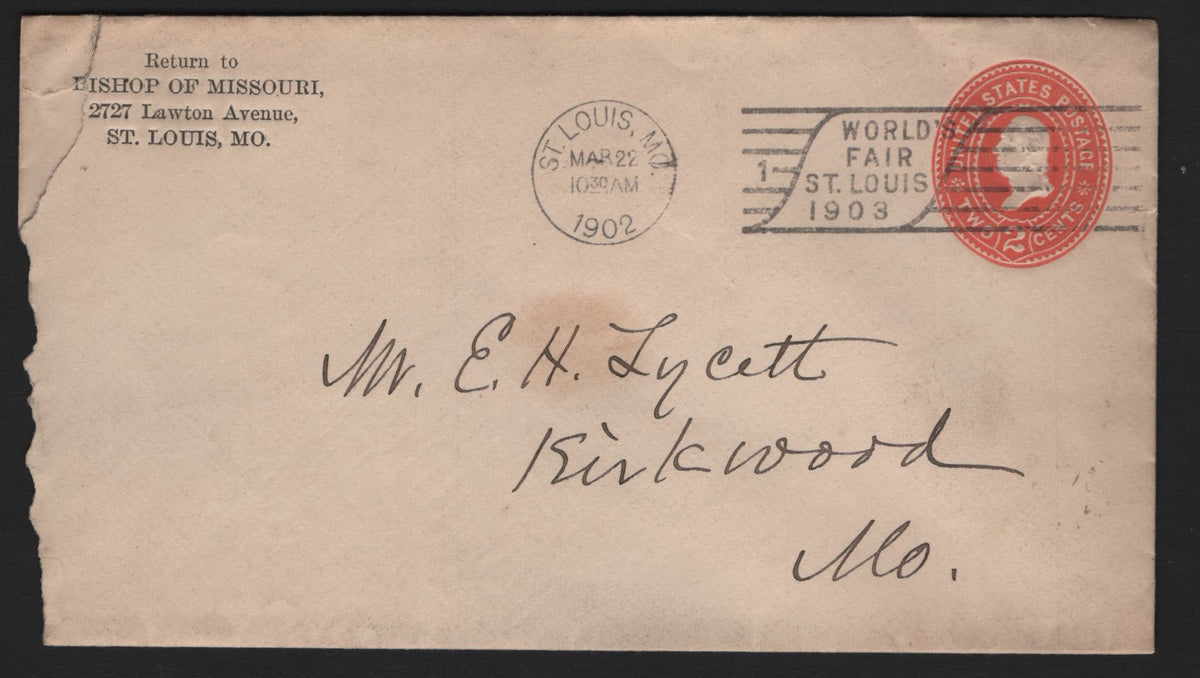 Lot 96 United States (C)SC#U362 2c Red, 1894-1898 Plimpton-Morgan Issue, A Fine Used Envelope, Die 2, Size 3 Commercial Envelope, Early Pre-Exposition Advertizing Slogan Cancel Used On March 22 1902 - Almost 2 Years Before The Opening Of The Fair.