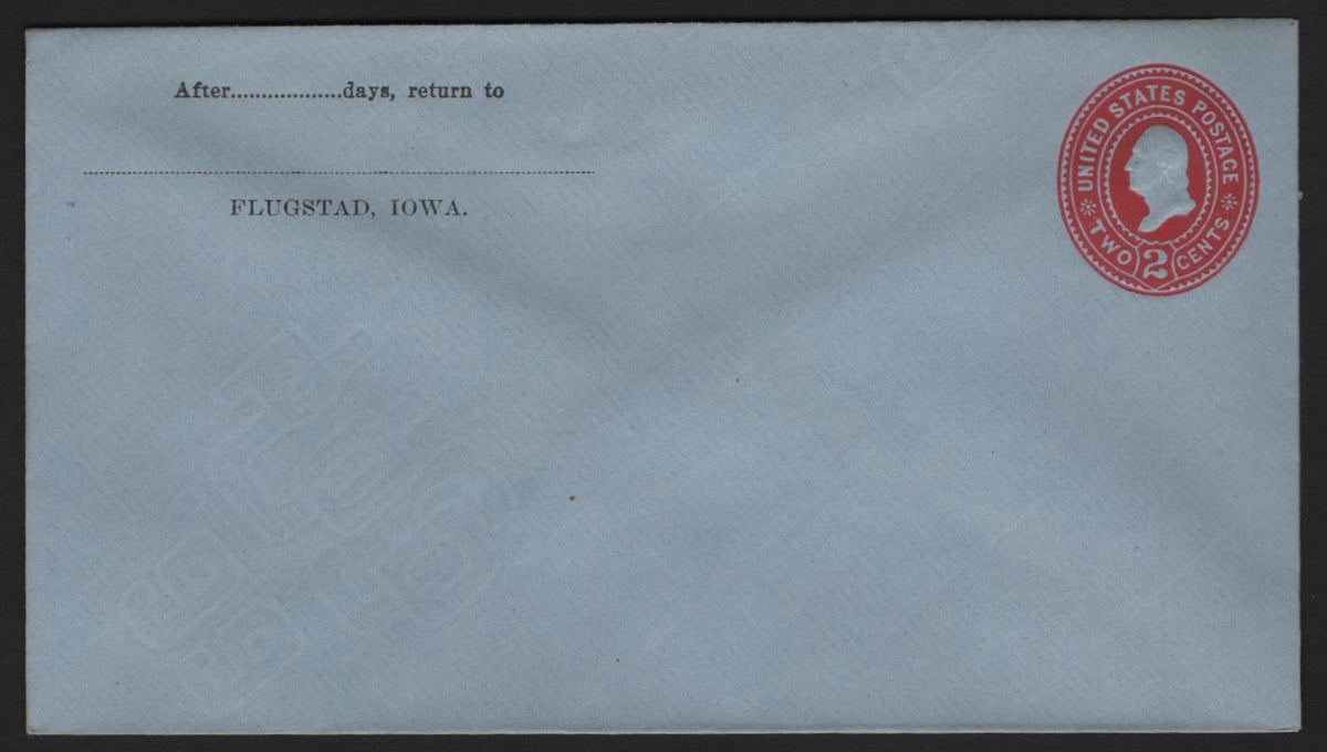 Lot 99 United States SC#U365var 2c Carmine, 1894-1898 Plimpton-Morgan Issue, A Very Fine Mint Envelope, Die 2 (U79), Size 3, Wmk 13, Knife Type 50, Flagstead, Iowa Return Corner Card.