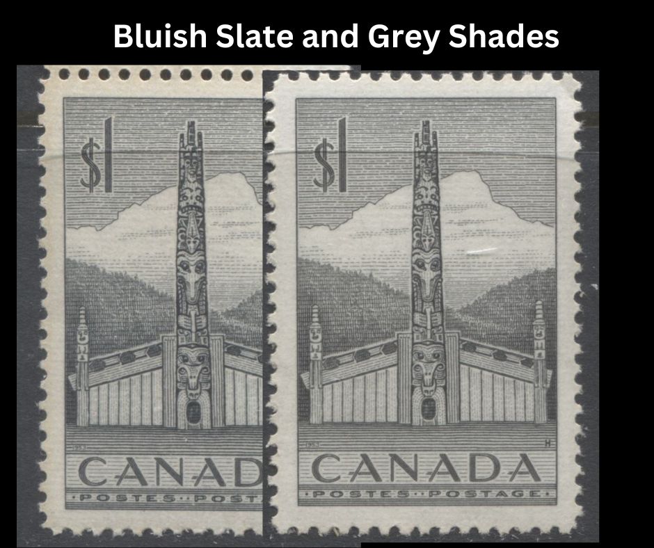 Lot 219 Canada #321 1 Bluish Slate Pacific Coast Totem Pole, 1953-1963 Karsh & Wilding Issue, 3 VFNH Singles, Horizontally Ribbed Paper, Perf. 12.1 x 11.9, 12, & 11.95 x 12.1