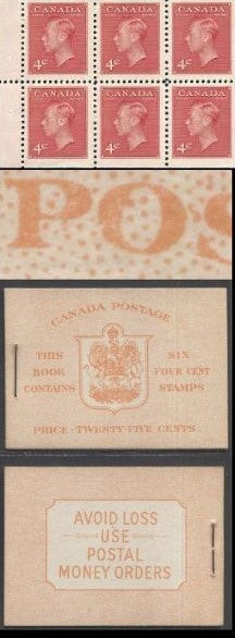 Lot 98 Canada #BK41bE 1949-1952 Postes-Postage Issue, A Complete 25c English Booklet, A Pane Of 6 4c Dark Carmine, Front Cover IIi, Type IA, No Rate Page, 450,000 Issued