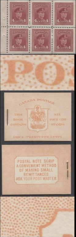 Lot 343 Canada #BK36g 1942-1947 War Issue, A Complete 25c English Booklet, A Pane Of 6 4c Carmine, Front Cover IIi, Back Cover Cbiv, Type IIa, 7c & 6c Rate Page, 'Post Master' Two Words, 24,114,000 Issued, CBN-XXXXX Paper