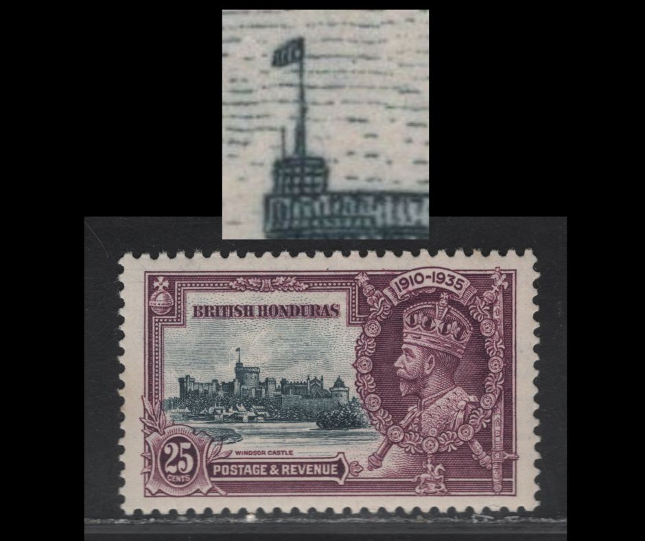 Lot 265 British Honduras SG#146b 25c Slate & Purple Windsor Castle, 1935 Silver Jubilee Issue, A VFOG Single, Short Extra Flagstaff From Plate 2 Row 2/1
