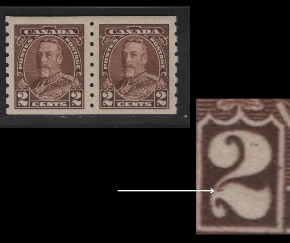 Lot 374 Canada #229var 2c Brown King George V, 1935-1937 Dated Die Issue Airmail, A VFOG Coil Pair On Paper CBN-E, Small Curved Line Inside Tail Of Left "2", Possibly Constant