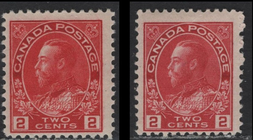 Lot 93 (C) Canada  #106v, 106, 106iv 2c Deep Red, Bright Carmine Red & Rosine King George V, 1911-1925 Admiral Issue, 3 FOG Singles, Paper ABN-E, Retouched Framelines, Perfs 11.8x11.9, 12x11.8 & 12x11.8.